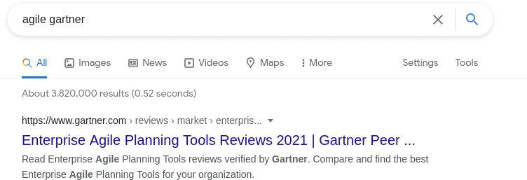 Capture d'écran du premier résultat de la recherche "agile gartner" sur Google